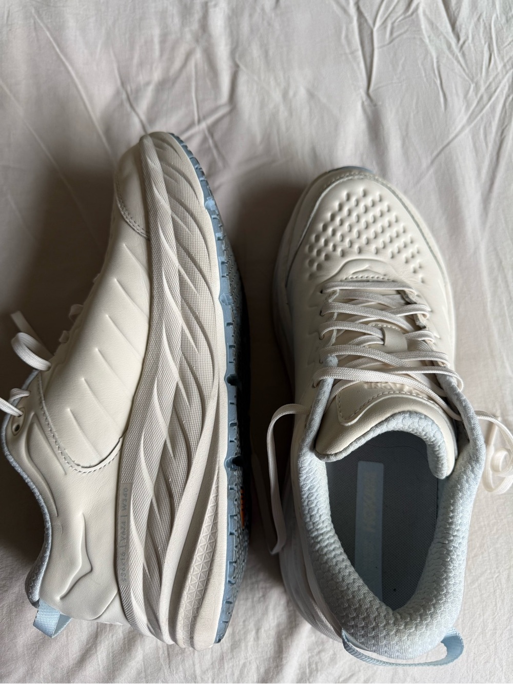 Hoka Chunky Platform Running Shoes in Off-White with Light Blue Soles - Picture 2 of 5